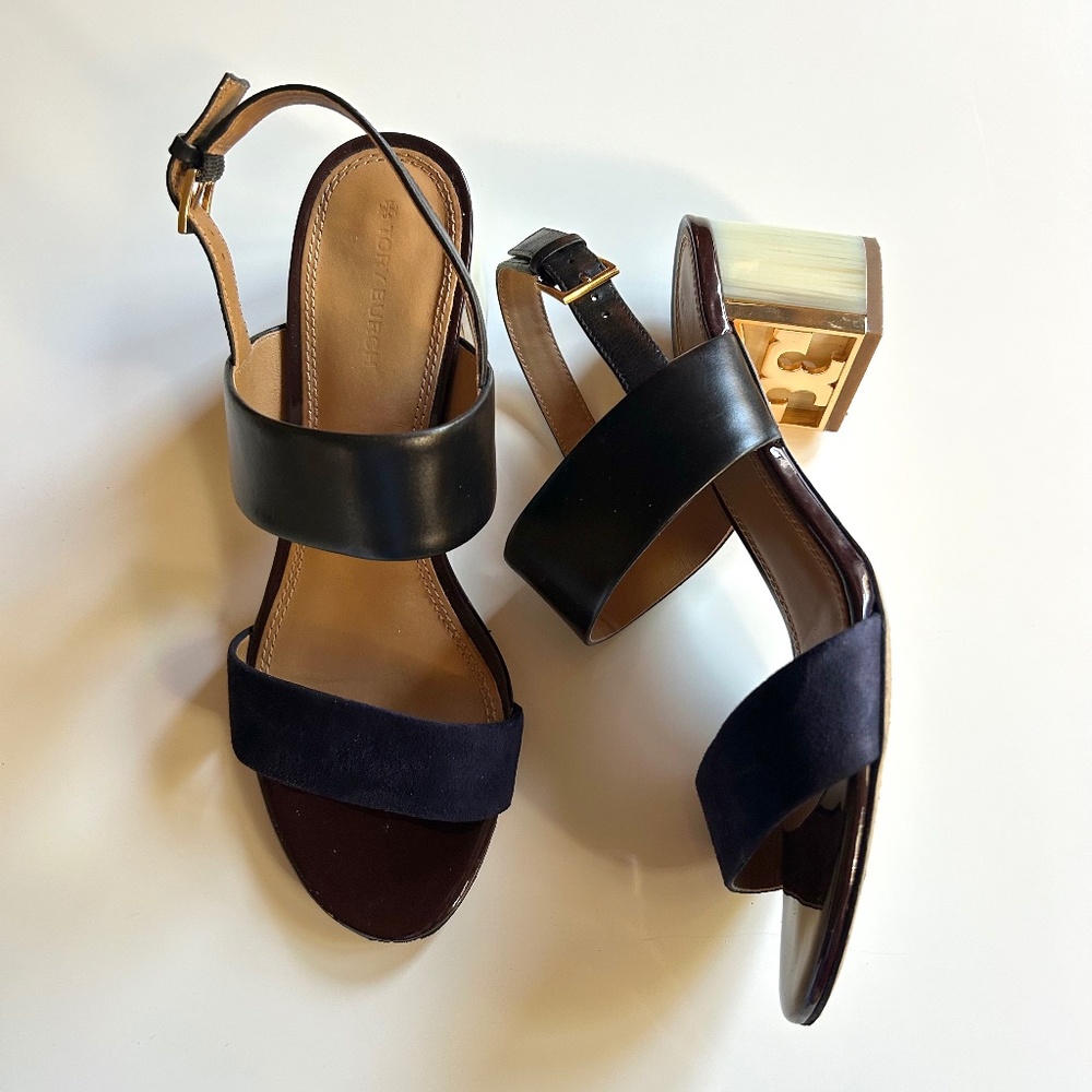 Tory Burch Women’s Gigi Sandals US 7.5 Black Brown Navy Leather Heels